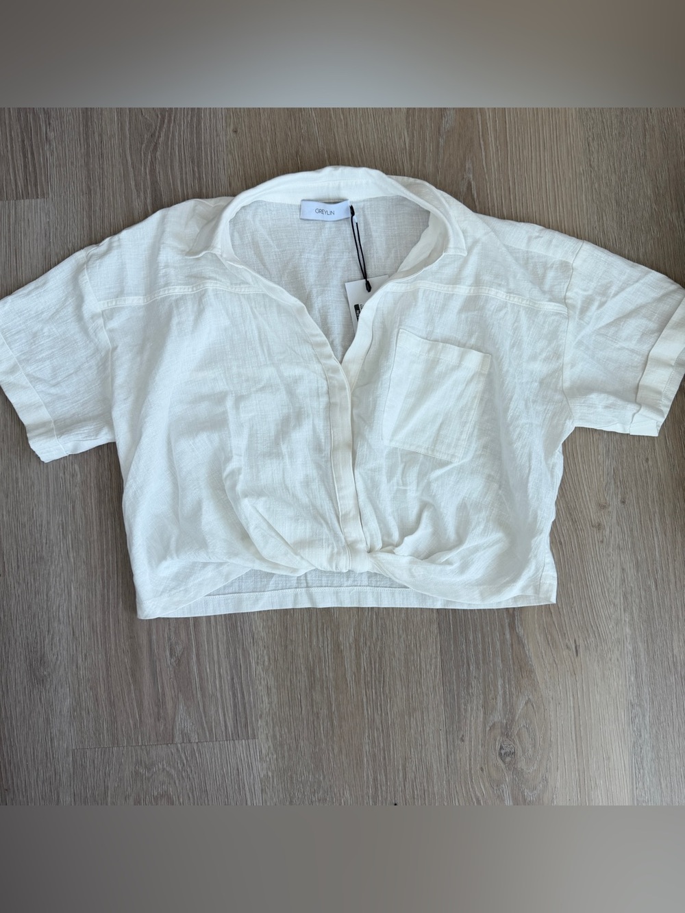 Greylin Maria Cotton White Cropped Twist-Front Button Shirt